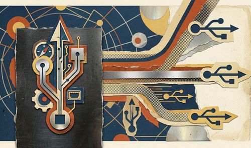 Ilustración conceptual de estilo collage con el logotipo del tridente USB y diversas variantes de sus iconos de conexión.