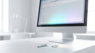Monitor de ordenador mostrando la interfaz de Windows Update con una barra de progreso de actualización sobre un escritorio blanco con una llave y una memoria USB.