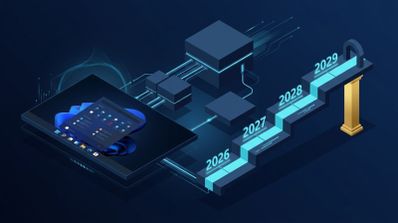 Ilustración isométrica que conecta la interfaz de Windows 11 con una línea de tiempo ascendente marcada con los años 2026 a 2029.