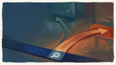 Ilustración conceptual de una barra de tareas con un icono de lupa de búsqueda del que nacen dos flechas de dirección opuestas.