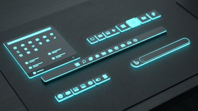 Concepto visual de la interfaz de Windows 11 con elementos del sistema como el menú Inicio, la barra de tareas y una caja de búsqueda con el logo de Bing en estilo neón cian sobre fondo oscuro.