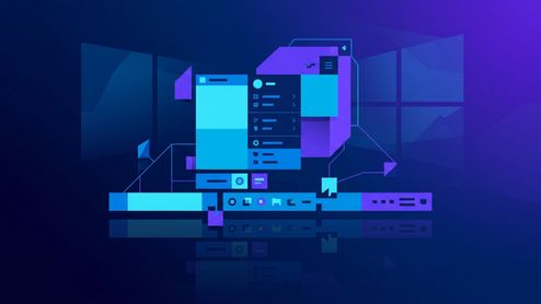 Ilustración conceptual abstracta de la interfaz de Windows con menús, iconos y barra de tareas en tonos azules y morados.