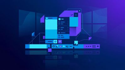 Ilustración conceptual abstracta de la interfaz de Windows con menús, iconos y barra de tareas en tonos azules y morados.
