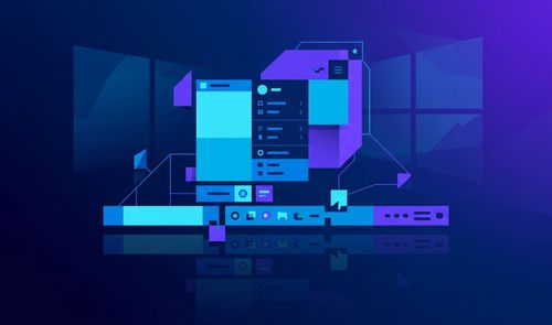 Ilustración conceptual abstracta de la interfaz de Windows con menús, iconos y barra de tareas en tonos azules y morados.