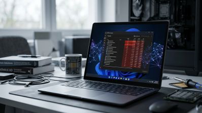Ordenador portátil con Windows 11 mostrando el Administrador de tareas con procesos resaltados en rojo sobre un fondo de conexiones neuronales digitales.