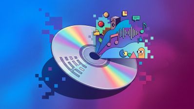 Ilustración de un disco compacto del que emergen iconos de música, videojuegos y elementos gráficos sobre un fondo degradado azul y violeta.
