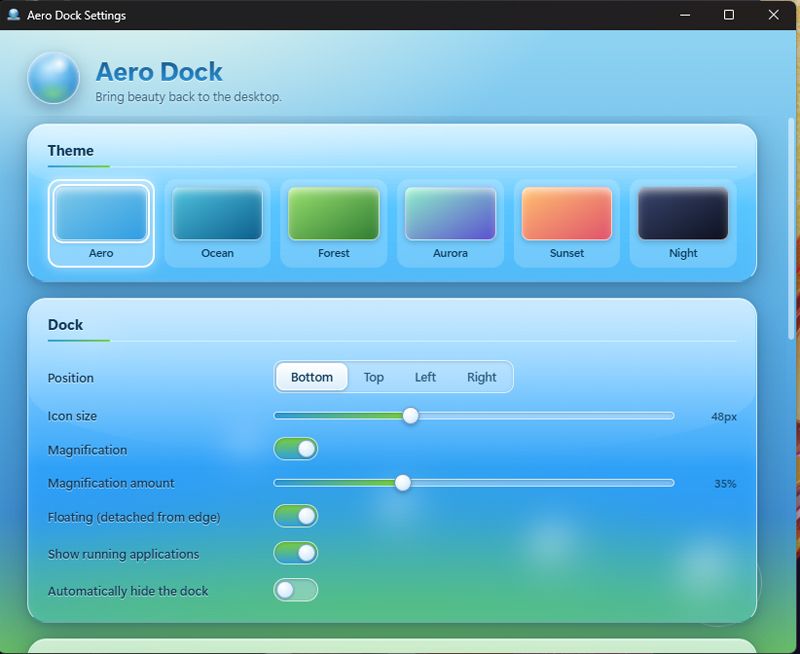 Configuración app Aero Dock.