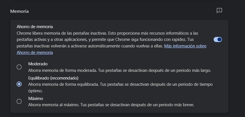 Función Ahorro de memoria Chrome.
