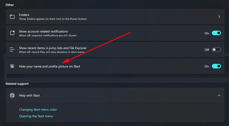 Función ocultar nombre Inicio Windows.