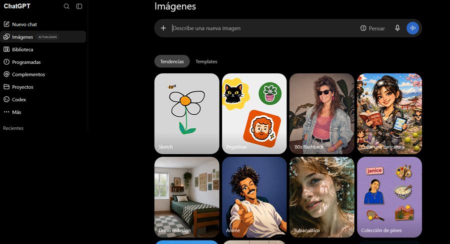 Interfaz web de ChatGPT Images.