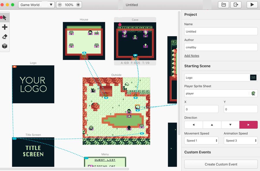Interfaz de desarrollo de juegos de GB Studio.