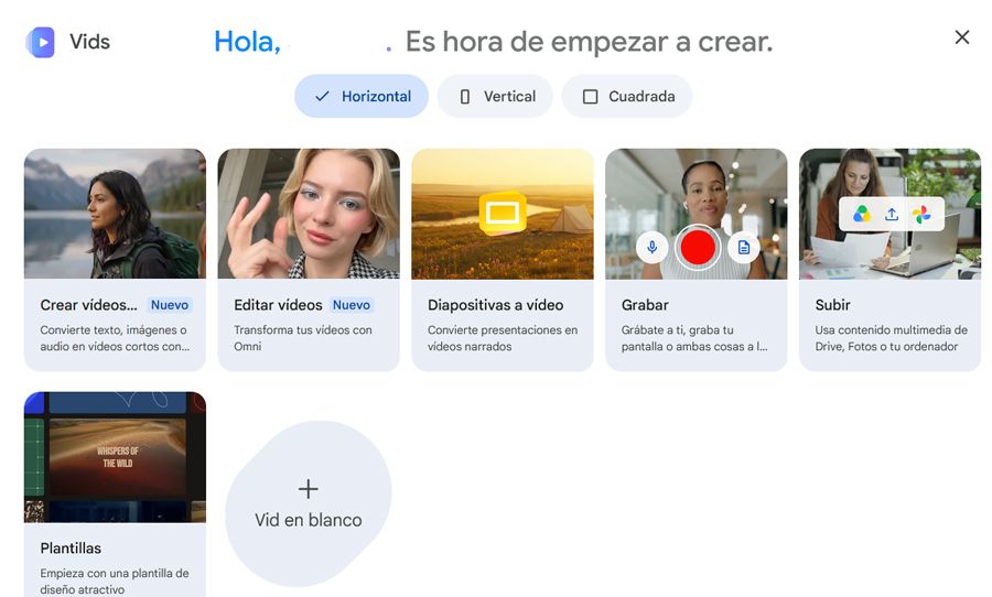 Interfaz inicial de Google Vids.
