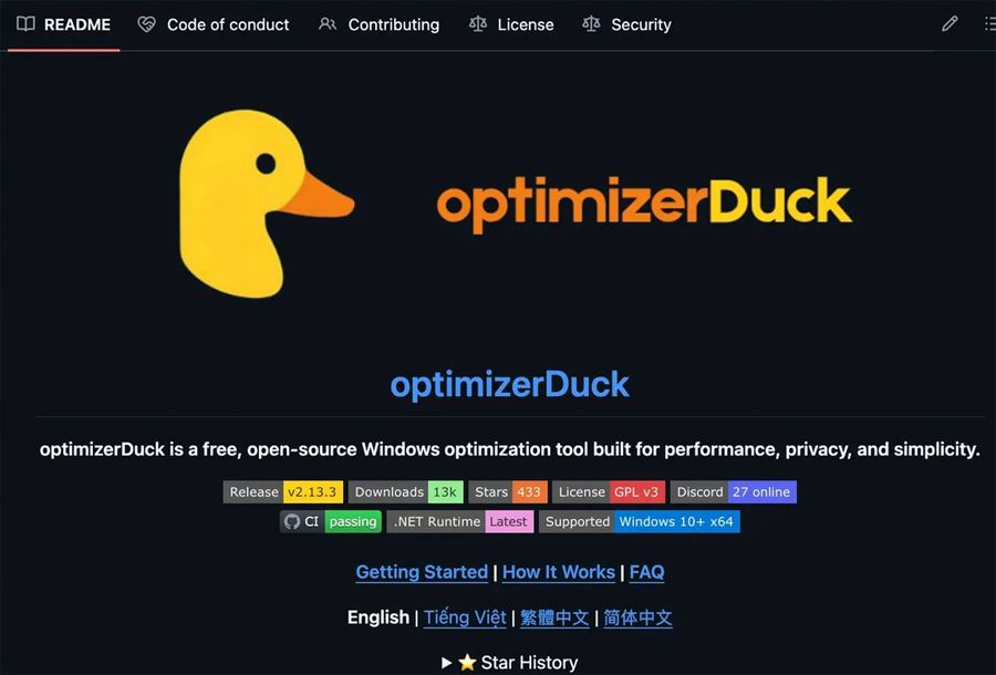 Interfaz inicial de optimizerDuck.
