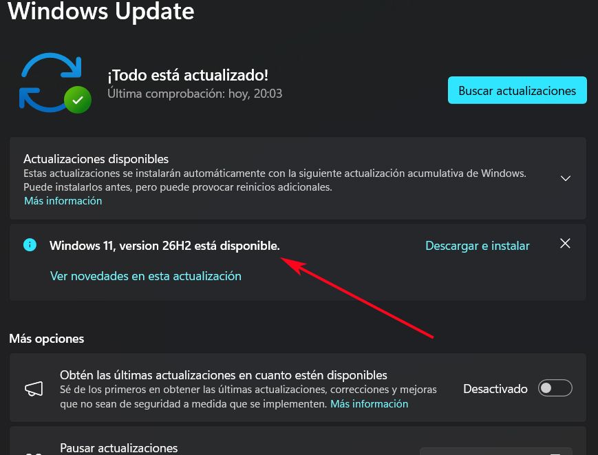Windows 11 26H2 disponible a través de Windows Update desde ya mismo. Foto: captura de Softzone.