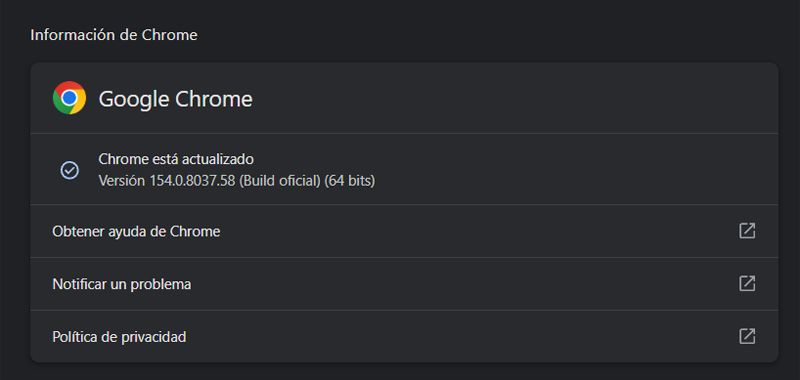 Ventana actualización Chrome 154.