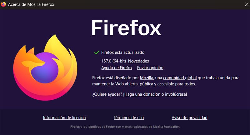 Ventana de versión de Firefox.