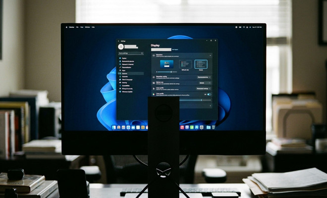 Monitor de escritorio mostrando el panel de configuración de pantalla de Windows en un espacio de trabajo.