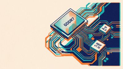 Ilustración de un circuito integrado con componentes etiquetados como GDDR7, IH v8.0 y NBIF v7.10 conectados por pistas digitales.