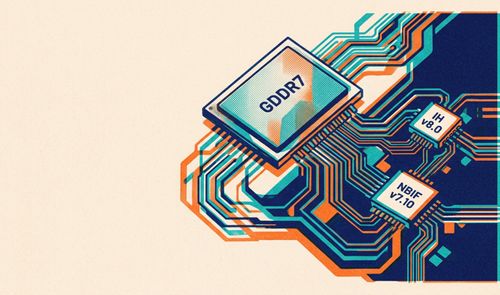 Ilustración de un circuito integrado con componentes etiquetados como GDDR7, IH v8.0 y NBIF v7.10 conectados por pistas digitales.