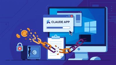 Ilustración de un monitor de ordenador con una ventana de instalación falsa de Claude App, con cadenas rotas y monedas de Bitcoin fragmentadas que sugieren un robo de datos.