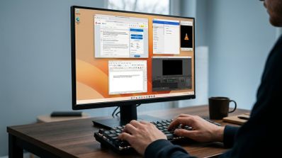 Persona utilizando un ordenador con Windows 11 y varias ventanas de aplicaciones abiertas simultáneamente en el monitor.