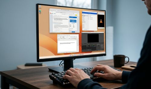 Persona utilizando un ordenador con Windows 11 y varias ventanas de aplicaciones abiertas simultáneamente en el monitor.