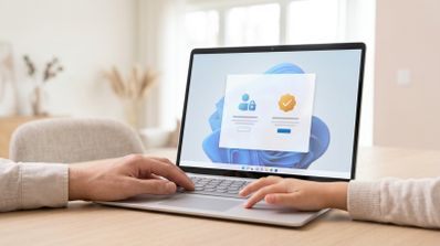 Manos de un adulto y un niño sobre un ordenador portátil con una ventana de confirmación de seguridad en Windows 11.