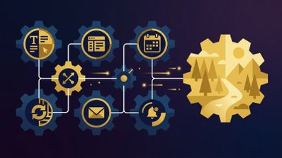 Ilustración conceptual de engranajes interconectados con iconos de herramientas digitales que desembocan en un paisaje natural.