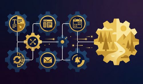 Ilustración conceptual de engranajes interconectados con iconos de herramientas digitales que desembocan en un paisaje natural.