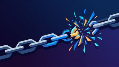 Ilustración de una cadena metálica con un eslabón central rompiéndose en fragmentos azules y amarillos sobre un fondo oscuro.