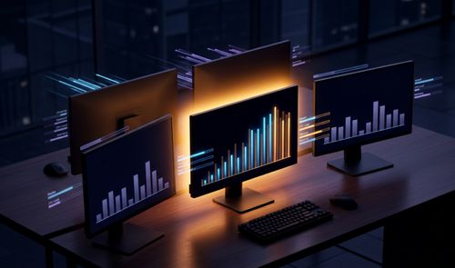 Cuatro monitores en un escritorio oscuro mostrando gráficas de rendimiento comparativas entre diferentes navegadores web.