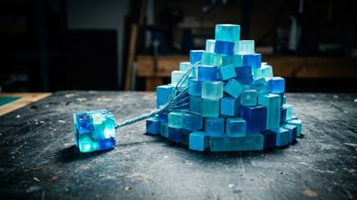 Una pirámide de cubos azules translúcidos de distintos tamaños conectada mediante hilos a un solo cubo pequeño y compacto.