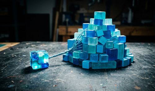 Una pirámide de cubos azules translúcidos de distintos tamaños conectada mediante hilos a un solo cubo pequeño y compacto.