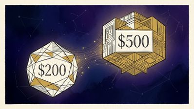 Ilustración conceptual de dos poliedros geométricos con los precios 200 y 500 dólares sobre un fondo estrellado.