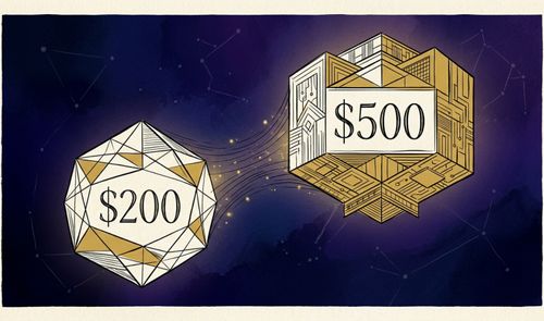 Ilustración conceptual de dos poliedros geométricos con los precios 200 y 500 dólares sobre un fondo estrellado.