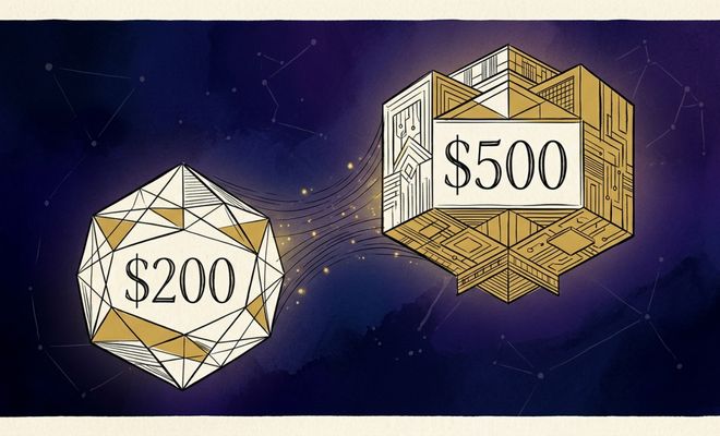 Ilustración conceptual de dos poliedros geométricos con los precios 200 y 500 dólares sobre un fondo estrellado.