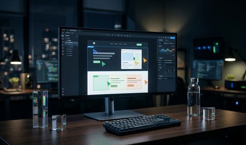 Interfaz de edición de ChatGPT Sites en un monitor de escritorio con varios cursores de colores indicando colaboración en tiempo real.