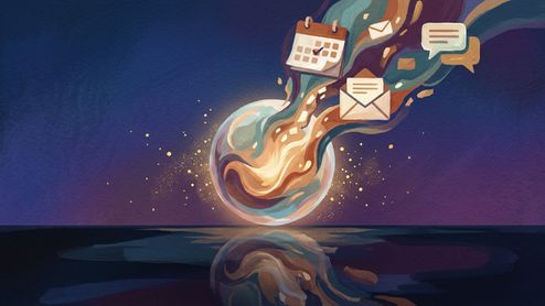 Ilustración conceptual de una esfera luminosa sobre el agua que emite estelas con iconos de calendario, correo electrónico y burbujas de chat.