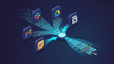 Ilustración isométrica que muestra iconos de Gmail, Slack, Google Drive y Notion enviando datos a un nodo central que genera el concepto 'writing style'.