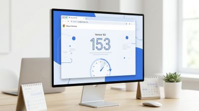 Monitor de escritorio que muestra una ventana del navegador Google Chrome con el texto Version 153 y un gráfico de cronómetro.