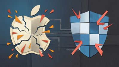 Ilustración conceptual con el logotipo de Apple fragmentado y un escudo de seguridad pixelado recibiendo impactos.