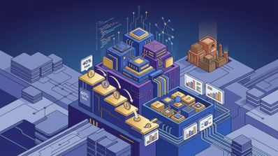 Ilustración isométrica de una infraestructura digital con servidores, gráficos de datos y monedas cayendo por una rampa con el texto 40% less.