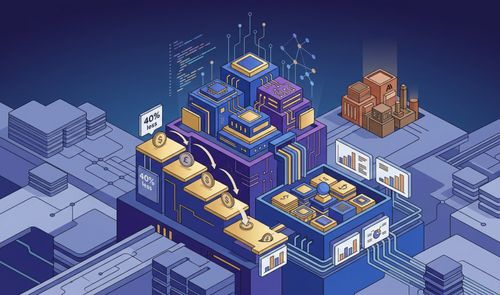 Ilustración isométrica de una infraestructura digital con servidores, gráficos de datos y monedas cayendo por una rampa con el texto 40% less.
