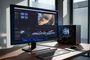 Interfaz de un editor de vídeo en un monitor junto a un ordenador con un procesador iluminado con las siglas AI.