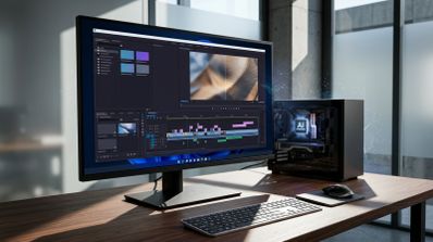Interfaz de un editor de vídeo en un monitor junto a un ordenador con un procesador iluminado con las siglas AI.
