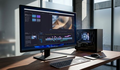 Interfaz de un editor de vídeo en un monitor junto a un ordenador con un procesador iluminado con las siglas AI.