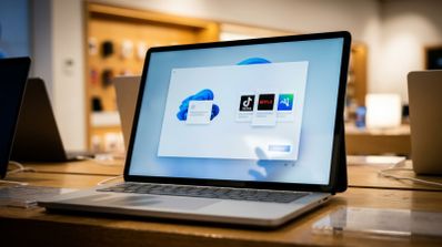Ordenador portátil mostrando una ventana de configuración de Windows 11 con iconos de aplicaciones como TikTok y Netflix.