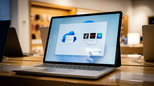 Ordenador portátil mostrando una ventana de configuración de Windows 11 con iconos de aplicaciones como TikTok y Netflix.