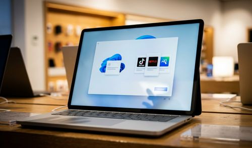 Ordenador portátil mostrando una ventana de configuración de Windows 11 con iconos de aplicaciones como TikTok y Netflix.