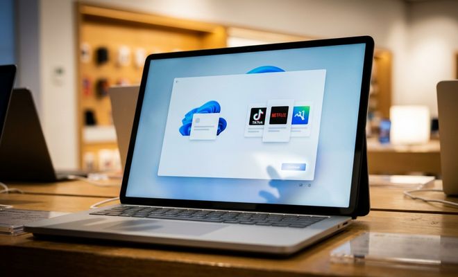 Ordenador portátil mostrando una ventana de configuración de Windows 11 con iconos de aplicaciones como TikTok y Netflix.